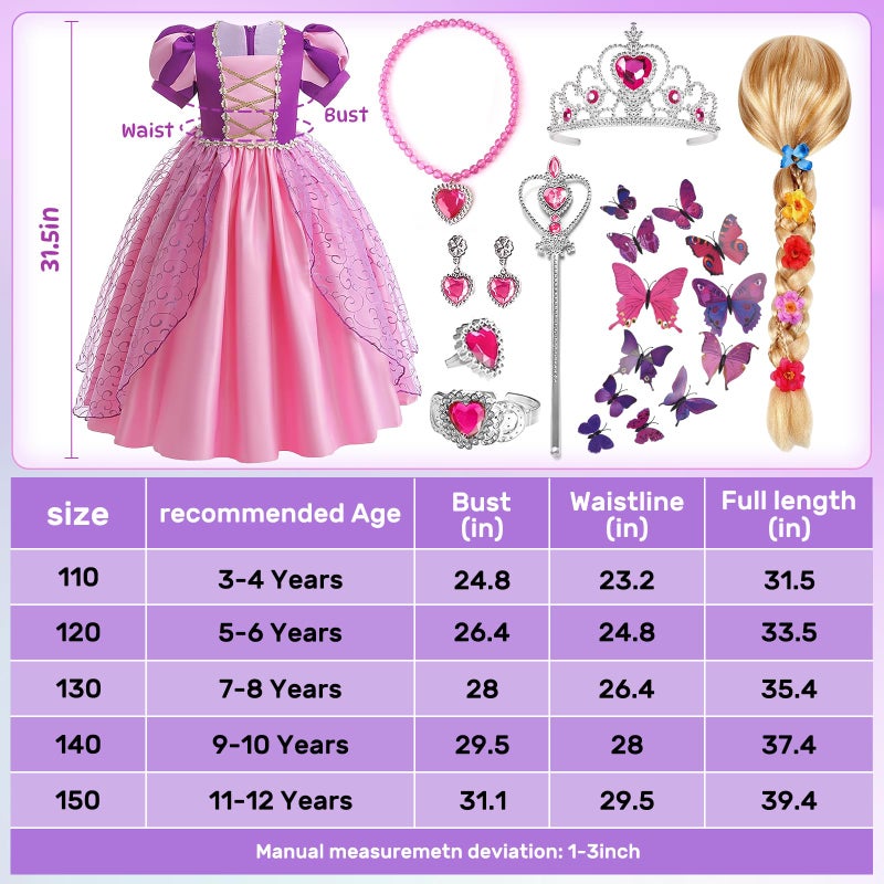 G.C Girls Rapunzel Dress Princess Dress Up Costume Toddler Puff Sleeve Dresses Wig Crown Wand Jewelry Necklace Halloween Cosplay Clothes Birthday Gifts Party Supplies - Image 5